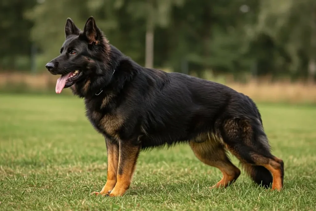 A Black and Red German Shepherd standing proudly outdoors, showcasing its muscular build and striking black and red coat.