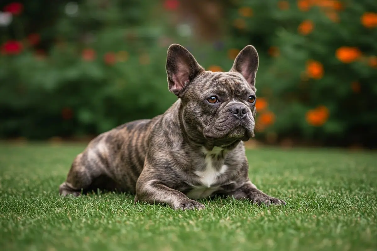 A chocolate merle French Bulldog with a unique coat pattern, featuring a mix of chocolate and lighter patches, sitting outdoors.