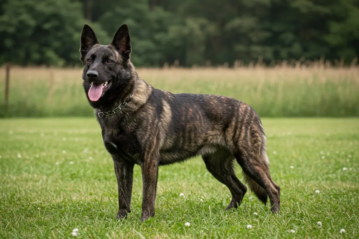 A Dutch Shepherd German Shepherd mix dog with a brindle coat and tan highlights, standing proudly in a grassy field. The dog has an alert and intelligent expression, displaying its athletic and strong build.